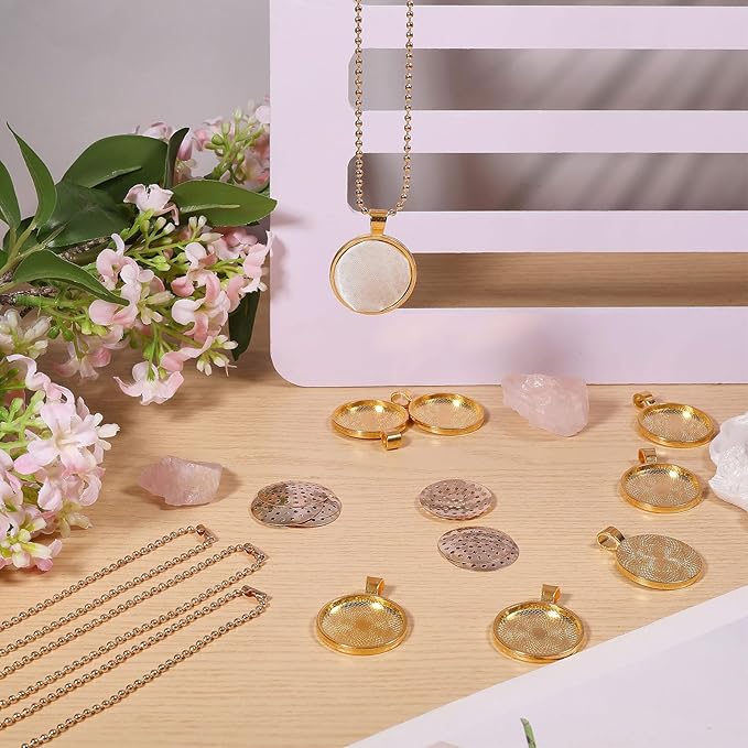 CHGCRAFT 12 Set Embroidery Pendant Tray Set Alloy Embroidery Pendant Kit Round Bezel Pendant Trays Blank Frame with Chain for DIY Jewelry Making Crafts Projects
