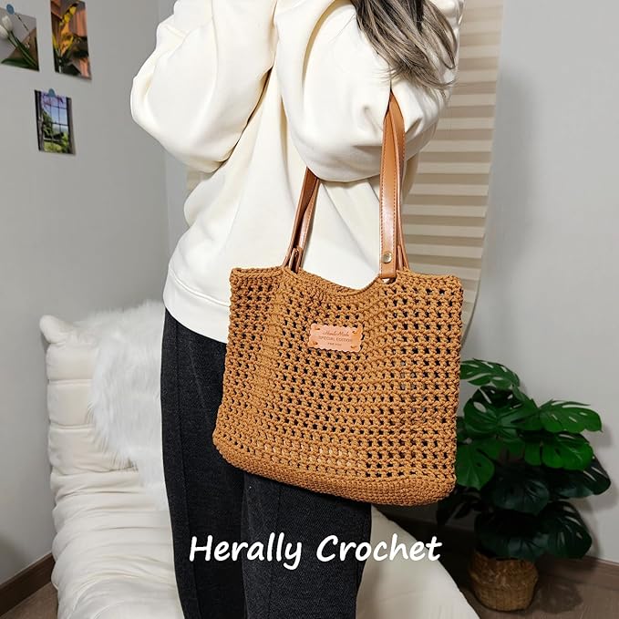 Herally Crochet Kit DIY Bag for Beginners - Include Yarn, Hook and Accessory - with Step by Step Video Tutorials - Crochet Tote Bag (Caramel)