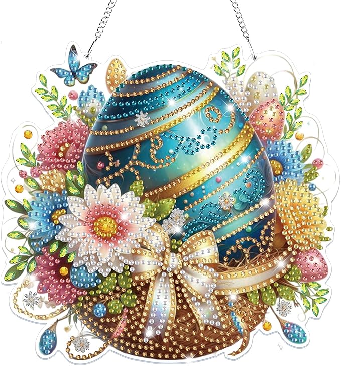Bowetile Easter Diamond Art Hanging Kits for Adults, 5D Special Shape Diamond Painting Egg Kits, Easter Egg Diamond Gem Art Suncatchers Painting Pendant Home Decor, Gifts for Easter