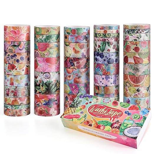 48 Rolls Summer Tropical Fruits Washi Tape Set, Vibrant Watercolor Fruit Coconut Decorative Tape, Bright Colorful Holiday Tape for Scrapbooking, Bullet Journaling, Junk Journal Supplies, DIY Art