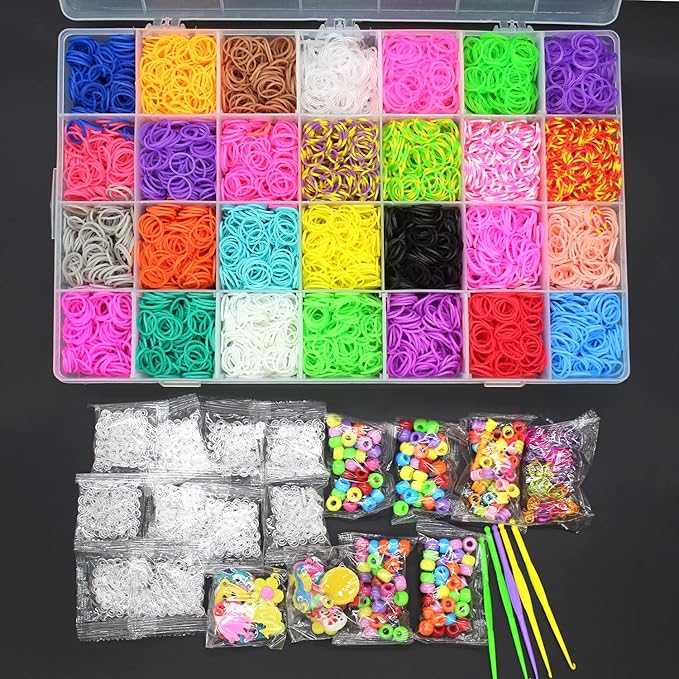 Salome Idea Rubber Bands 10,000pcs Loom Bands Barcelet Making Kit, 500pcs S-Clips,175pcs Colorful Beads, 24pcs Small Pendants in 1 Transparent Box (Color Set-A)