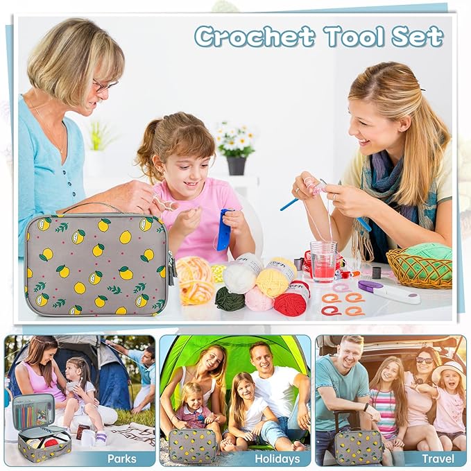GMAK 59 PCS Crochet Kit for Beginners Adults, Crocheting Sets Include Yarn, Hooks and Tools, Portable Crochet Starter Kit for Making Variety Projects Crocheting Supplies, Grey Lemon
