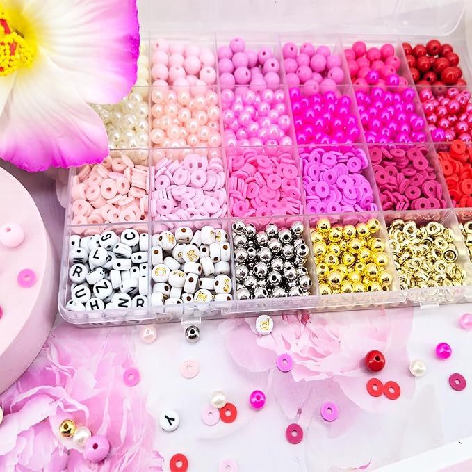 2220Pcs Valentine’s Day Beads for Jewelry Making, Pink Red Polymer Clay Beads Assorted Pearl Beads Acrylic Round Beads Valentines Bracelet Beads Heishi Flat Round Letter Beads Silver Gold Spacer Beads