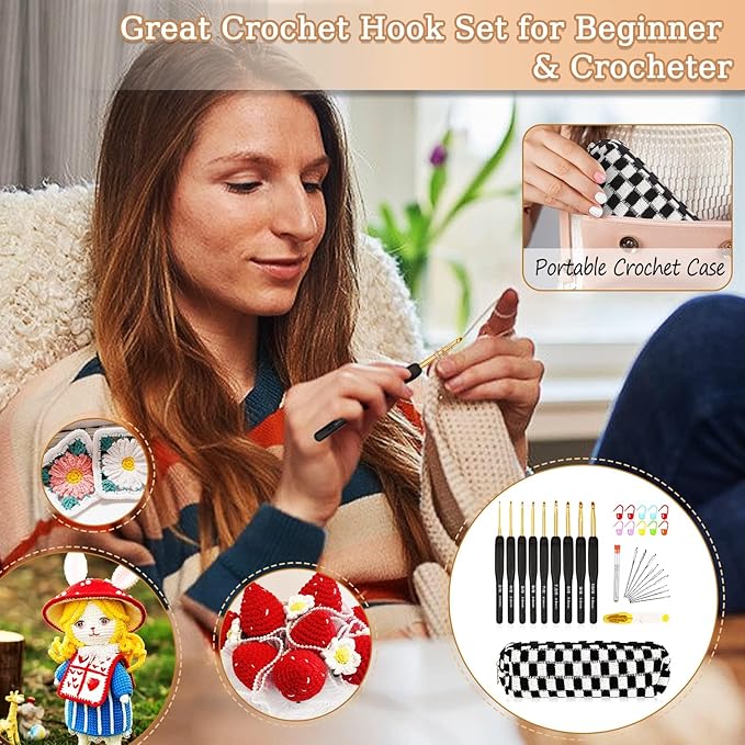 Aeelike 31pcs Crochet Hook Set, Classic Navy Crochet Needles Ergonomic with Grips for Arthritic Hands, Crocheting Kit with Knitting Supplies & Black White Case, Ideal Gift for Hand Beginner Lover