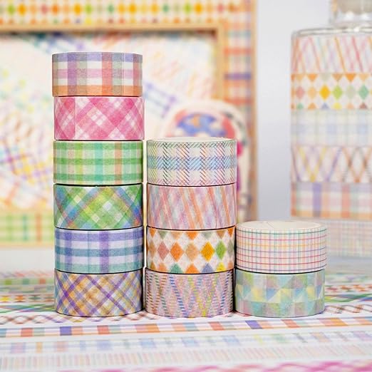 YUBX Basic Grid Washi Tape Set 12 Rolls Plaid Decorative Masking Tapes for Arts, DIY Crafts, Journals, Planners, Scrapbook, Wrapping (Colored)