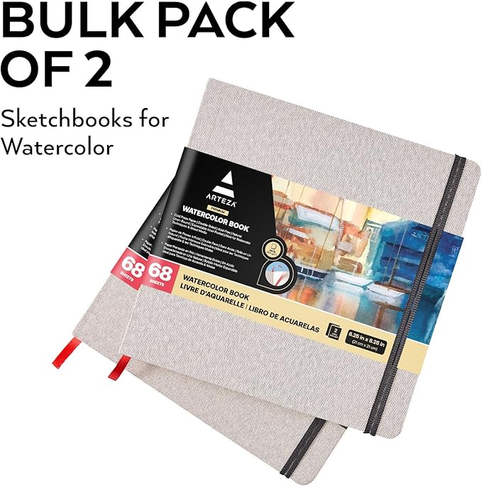 ARTEZA Watercolor Sketchbooks, Pack of 2, 8.25 x 8.25 Inches, 68 Sheets Each, 110 lb / 230 GSM, Cold Press, Dual-Sided, Acid-Free Linen-Bound Hardcover Books for Watercolor and Mixed Media