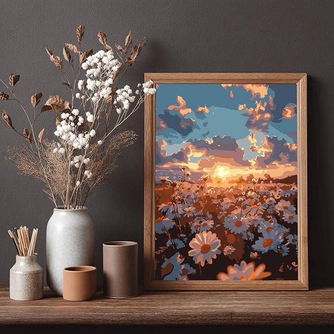CHWGLFGG Paint by Numbers Kit for Adults Beginner, Daisy Sunset Landscape Adult Paint by Number Kits on Canvas, DIY Acrylic Oil Easy Painting by Numbers for Home Wall Decor 12X16 inch (Without Frame)