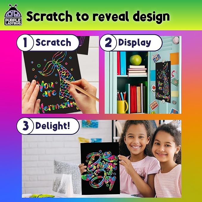 PURPLE LADYBUG Rainbow Scratch Art Paper, 79 PCS Creative Drawing Paper & Stencils - Arts and Crafts for Ages 4-12, Kids Craft Activity Set, Easter Basket Stuffers for Kids, Summer Wedding Activities