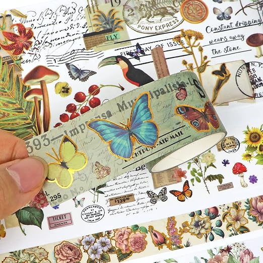 37 Rolls Vintage Washi Tape Set - Decorative Tape Floral Butterfly Mushroom Botanical,Adhesive Tape for Journaling Supplies,Scrapbooking,Junk Journal Supplies5/8/10/15/30/75mm Wide9.84ft Long/Roll