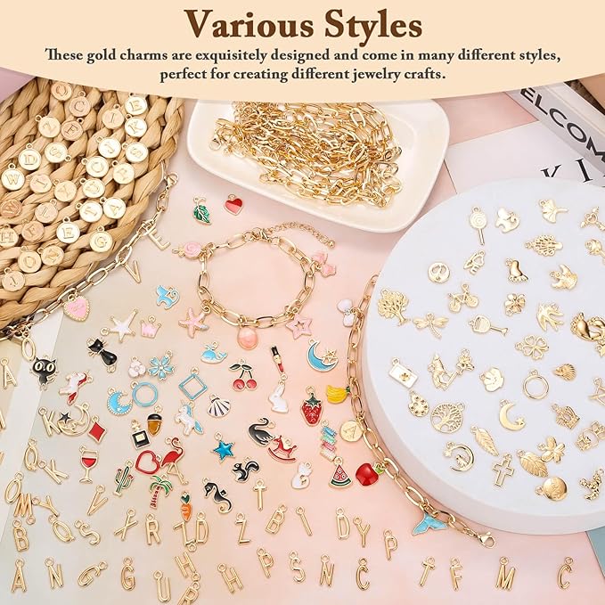 Flasoo 416 Pieces Gold Charm Bracelet Making Kit, Including Paperclip Chain Bracelets, Charms, Jump Rings for Jewelry Making