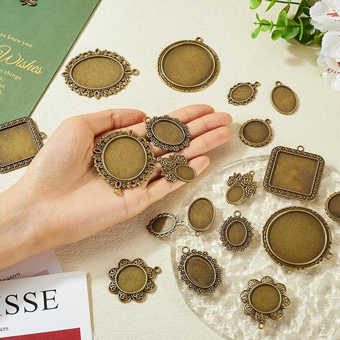 20Pcs Bezel Pendant Trays 10 Styles Vintage Cabochon Bezel Settings Trays Charms Tibetan Style Oval Trays Pendant Blanks for DIY Crafts Photo Necklace Jewelry Making