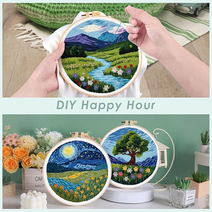 ERKOON 5 Sets Embroidery Kit for Beginners, Butterfly Cross Stitch Set for Include Embroidery Cloth Hoops Threads for Craft Lover Hand Stitch (Landscapes)
