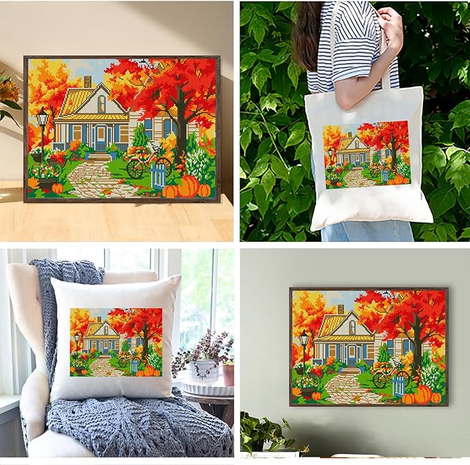Zhenqing Autumn Maple Forest Cabin Printed Cross Stitch Kit - 11CT 38x48cm with Threads, Needle & Pattern, No Hoop Needed for Beginners(65843)