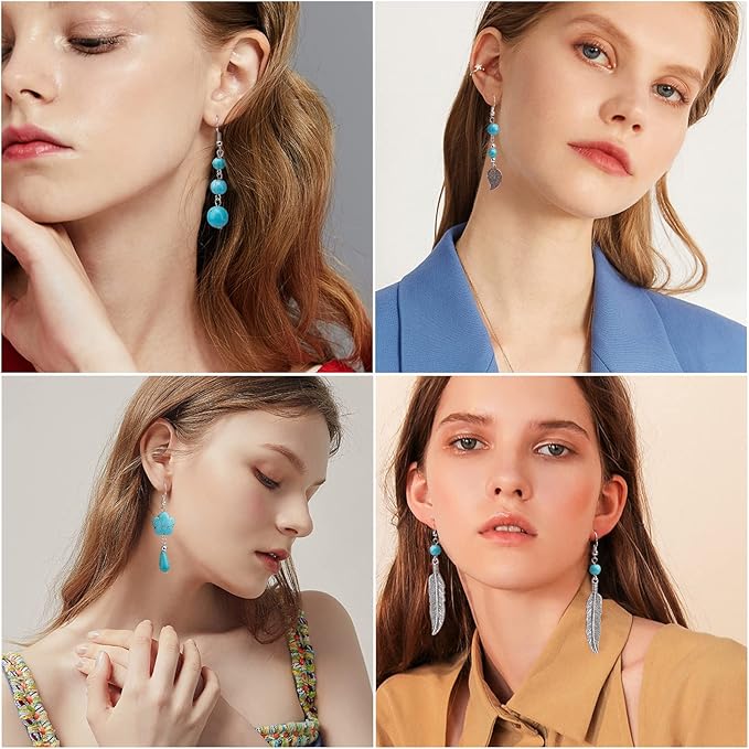 SUNNYCLUE 1 Box DIY 12 Pairs Turquoise Bead Dangle Earrings Making Kit Alloy Enamel Leaf Feather Pendants Charms with Eye Pin & Earring Hooks for DIY Earring Jewelery Making, Antique Silver