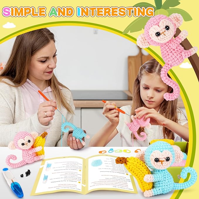 Fortuning's JDS Crochet Kit for Beginners - 2 PCS Monkey with Banana Crochet Kits with Step-by-Step Video Tutorials, Beginner Crochet Kit for Adults, Crochet Monkey Kit (Blue & Pink)
