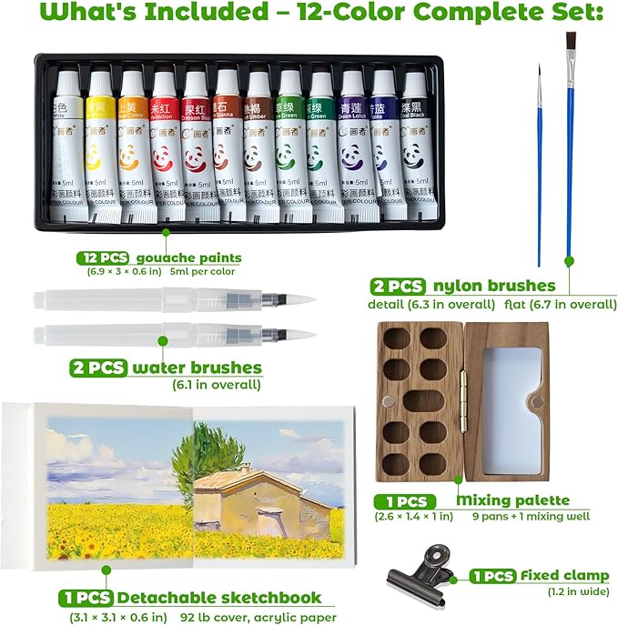 Watercolor Paint Set 12 Colors 8 Pieces Travel Mini Kit Wooden Palette Portable Art Supplies for Adults Beginners Sketching Painting Gift