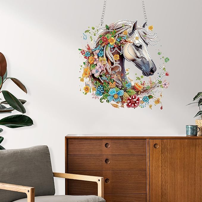 Reofrey Hanging Diamond Art Kits for Adults– 8x8Inch Horses Hanging Ornament Acrylic Board Double Sided Pattern Crystal Diamond Art Suncatcher Pendant, for Home Wall Window Decoration Handmade Gift