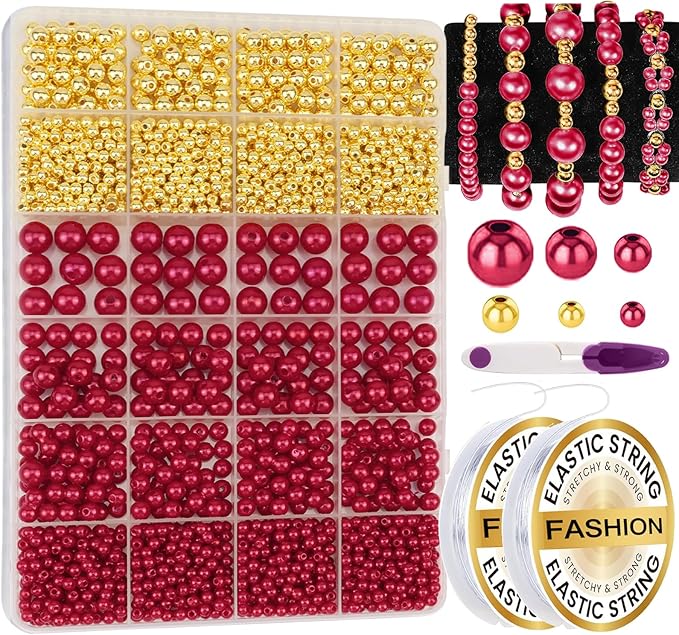 2116 PCS Pearl Beads for Bracelet Making Kit Gold Beads for Jewelry Making Kit Gold Small Spacer Bead Dark Red Pearl Bead for Crafting Charms Necklace Earrings DIY Craft for Women Adult