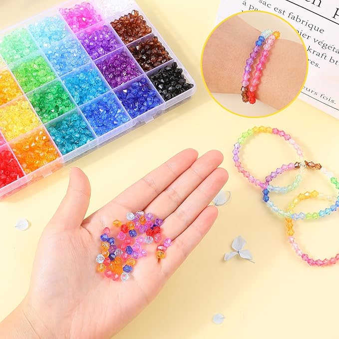 Crystal Beads for Jewelry Making 3000pcs Bicone Bracelet Bead Faceted Acrylic Beads 24 Colors Rainbow Loose Craft Bead for Jewelry Making, DIY Bracelets, Necklaces, Curtain, Key Chains