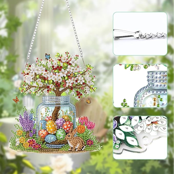 Lxmsja DIY Blossom Tree Jar Diamond Painting Hanging Ornament, Double-Sided Acrylic Bunny Flowers Diamond Art Kit, Special Shaped Suncatcher Hanging Pendant Window Art Kit