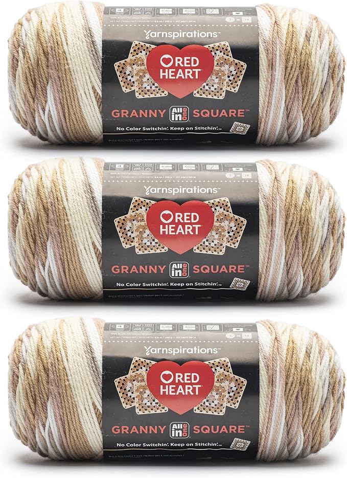 Red Heart All in One Granny Square Aran - Cream Yarn - 3 Pack of 250g/8.8oz - 100% Acrylic - #4 Worsted (Medium) - 381m/417Yards - for Knitting, Crochet and Amigurumi