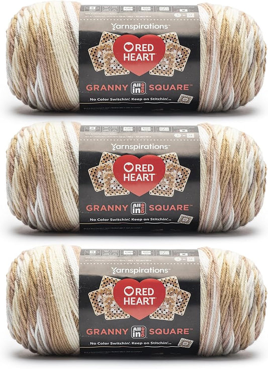 Red Heart All in One Granny Square Aran - Cream Yarn - 3 Pack of 250g/8.8oz - 100% Acrylic - #4 Worsted (Medium) - 381m/417Yards - for Knitting, Crochet and Amigurumi