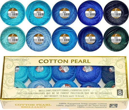 Double Mercerized Egyptian Long Staple Cotton Pearl Thread Ball 10 Grams Rainbow Color Embroidery Thread 10 Colors per Box for Crochet Hardanger Cross Stitch Hand Embroidery,Blue Series
