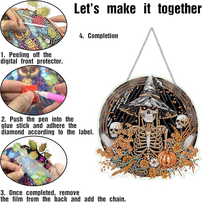 LOMSIOY Diamond Art Hanging Kit for Adult, Halloween Front Door Sign Window Decor for Outdoor, Skeleton Double Sided Summer Decor Suncatcers for Porch, Hanging Pendants for Garden Wall （8x8 Inch