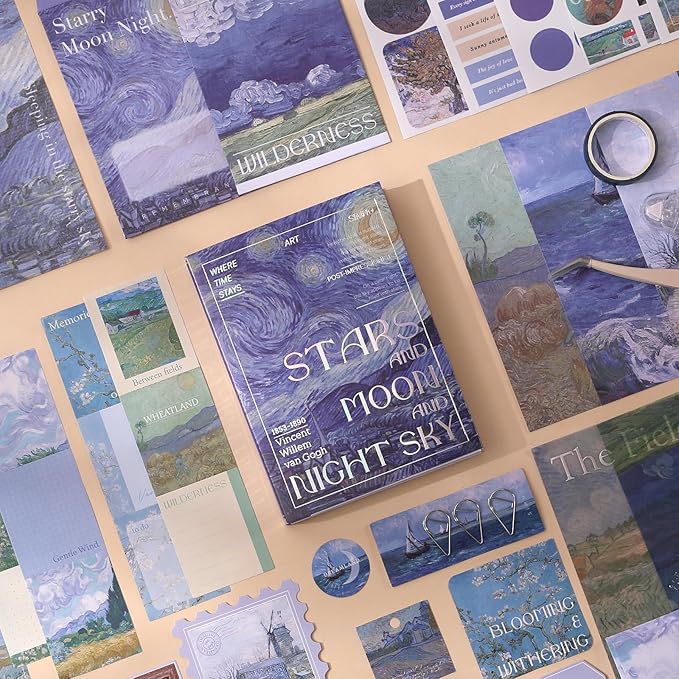 Van Gogh Scrapbook Photo Album Supplies Kit with Tweezers and Glue Tape, Aesthetic Vintage Junk Journal Scrapbooking Paper, Sticker Pack, Notebook Craft Supplies, DIY Gift for Adult Men (Oil Painting)
