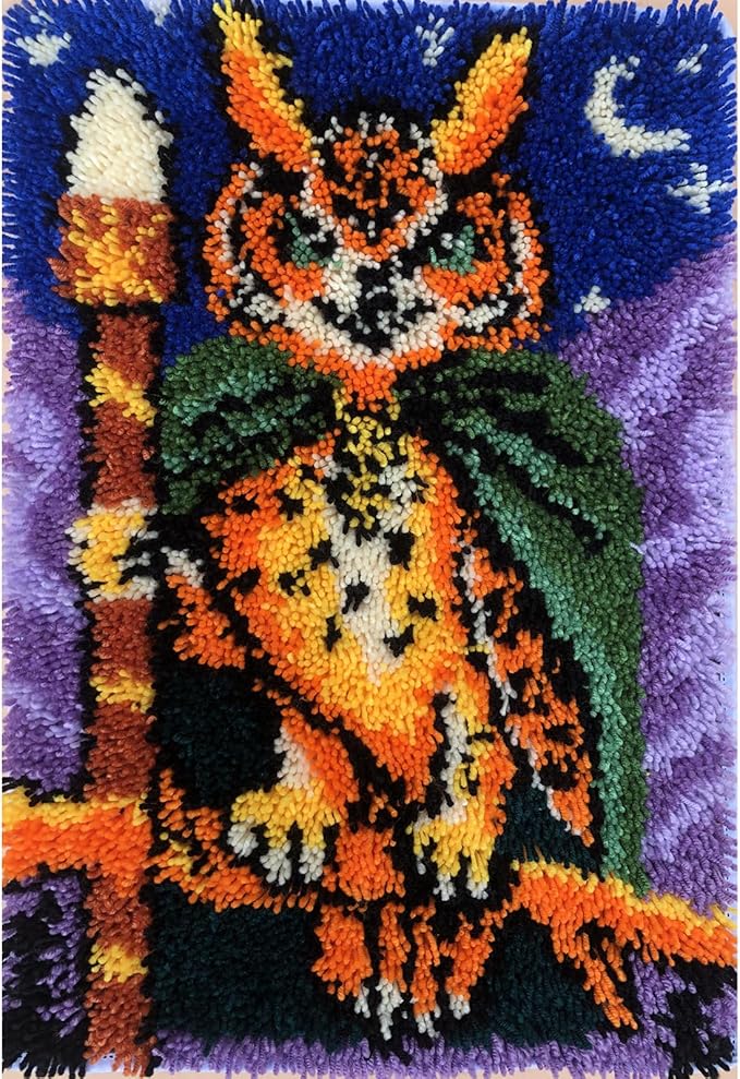 KitsMaster Owl Wizard Latch Hook Kit - Woodland Animal Rug DIY with Pre-Printed Canvas, Moon & Stars Design, Easy Craft Kit, 23.6''x15.8'' (Whimsical Forest Watcher)