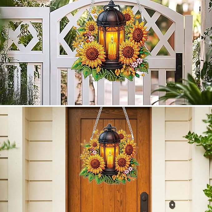 MXJSUA Lantern Sunflowers Special Shaped Hanging Diamond Painting Art Kits for Adults, Crystal Rhinestone Acrylic Gem Art Pendant Ornaments Kit for Home Decoration and Gift