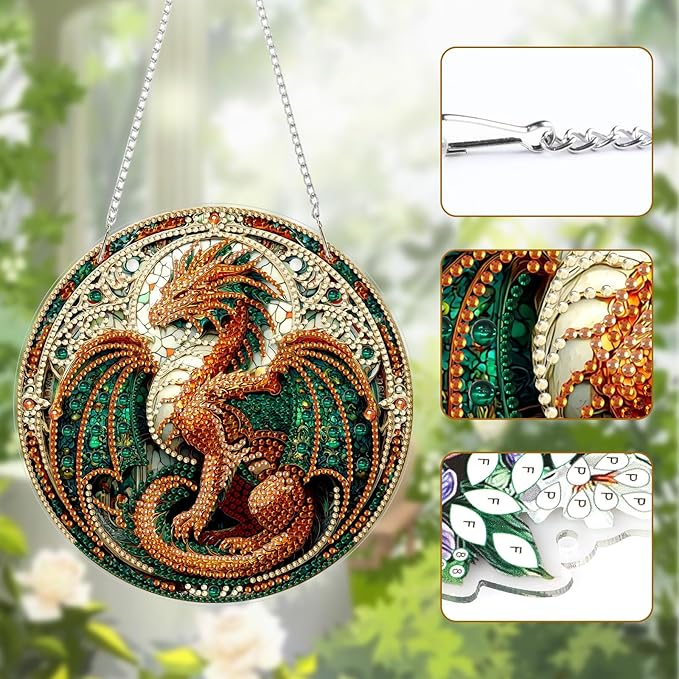 Lxmsja DIY Dragon Stained Glass Diamond Painting Hanging Ornament, Double-Sided Acrylic Fantasy Dragon Diamond Art Kit, Special Shaped Suncatcher Hanging Pendant Window Art Kit