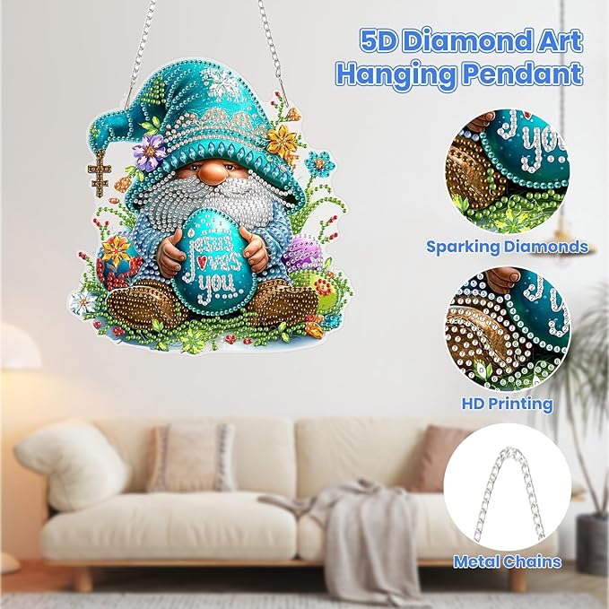 MOGTAA Easter Egg Diamond Art Hanging Kits for Adults Beginners, Gnomes Diamond Art Suncatchers, 5D Special Shape Flowers Diamond Painting Window Pendant Kit for Home Garden Wall Decor