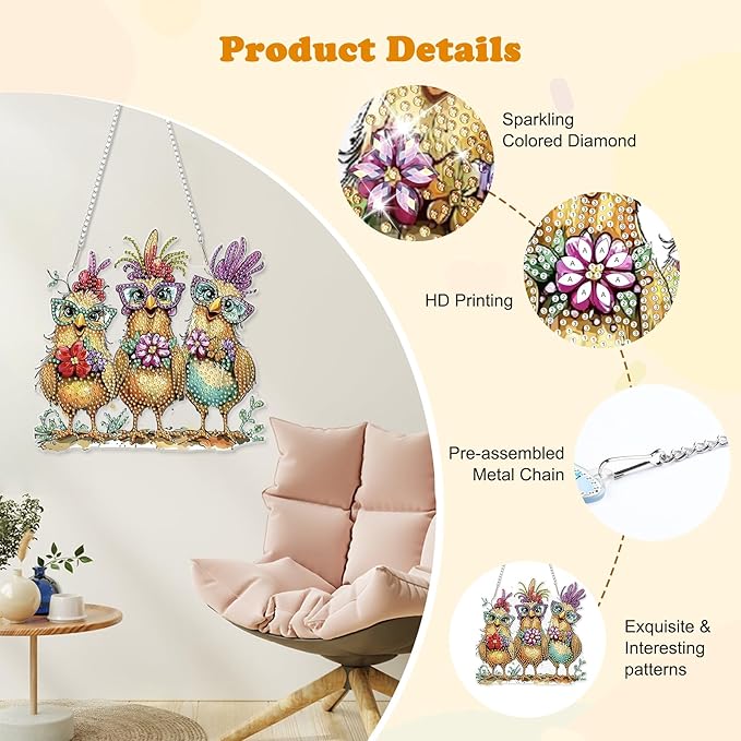 HEIBAGO Diamond Art Hanging Kits for Adults Kids, Hanging Diamond Art Chicken, 5D Special Shaped Crystal Diamond Painting Kit,DIY Pattern Window Pendant for Home Wall Decor 8.3x8.3Inch