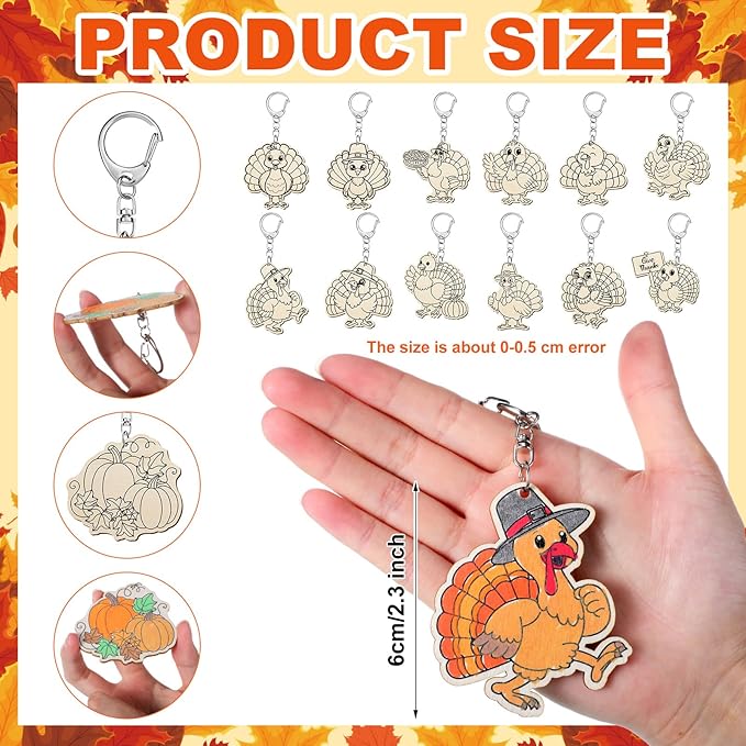 Trnayi 36 Pcs Thanksgiving Turkey Crafts Wood Color Your Own Keychains Fall Turkey DIY Coloring Gifts for Autumn Thanksgiving Party Favors Painting DIY Arts Crafts Project Decoration Family Holiday
