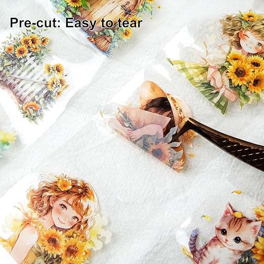 Blooming Sunflower PET Tape Set, 6 Rolls of Pre-Cut Floral Stickers for Journaling, Scrapbook Supplies, DIY Crafts, and Decorative Art