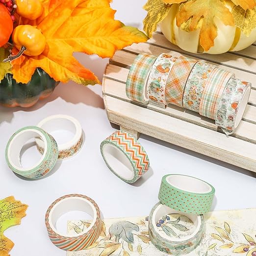 Whaline 12 Rolls Fall Washi Tape Autumn Pumpkin Plaid Truck Washi Tape Cyan Orange Harvest Decorative Masking Tape for Thanksgiving Scrapbook Journal DIY Art Craft Gift Wrapping Supplies
