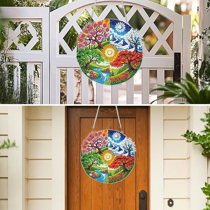 MXJSUA Landscape Seasons Diamond Painting Art Window Suncatchers, Diamond Art Kits for Adults Hanging Ornaments with Chain, 5D Special Shape Crystal Diamond Pendant Accessories for Decor Gift