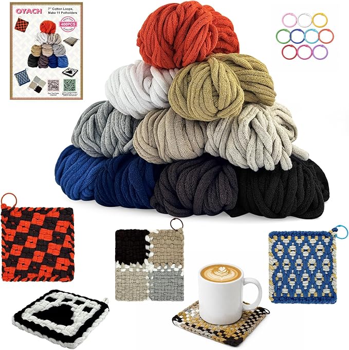 OYACH 7inch Cotton Weaving Loom Refill Loops,400pcs Potholders Loom Loops,Cotton Loops for Pot Holders,Loop Bands with Hooks for Adults Kids DIY Potholder Crafts(Neutral 10 Colors,Loom not Included)