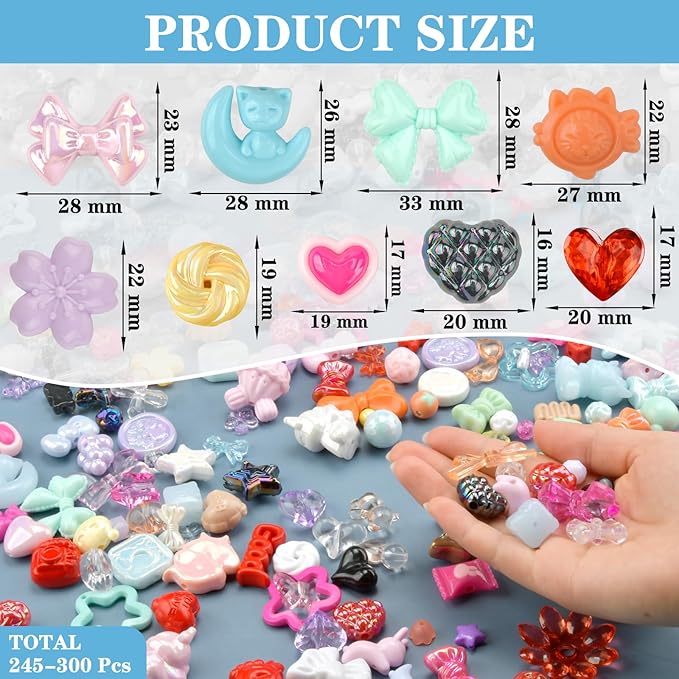ABONDEVER 245-300Pcs Assorted Acrylic Beads for Bracelets Making Cute Star Bow Flower Candy Heart Gummy Bear Butterfly Aesthetic Beads for DIY Jewelry Keychain Necklace Phone Charms(Random)