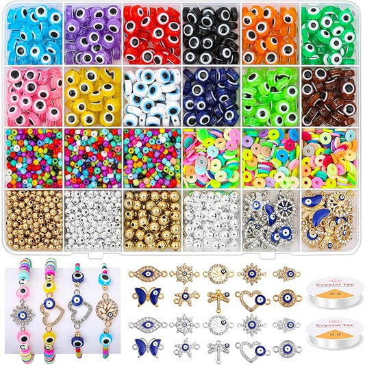 Acejoz 2702 Pieces Bracelet Making Kit, Including Evil Eye Beads, Evil Eye Charms, Assorted Beads and Elastic String for Bracelets