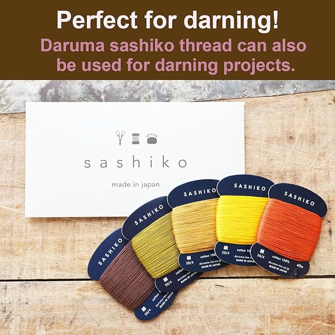 DARUMA Sashiko Thread 100% Cotton Card Type (43.7 yd) x 5 Colors with English Manual, Sewing & Embroidery Value Set with Gift Package(Thin, Kouyou)