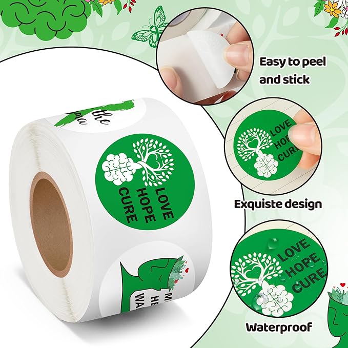 beyumi mental health awareness stickers - 1000pcs mental health awareness round sticker in 2 rolls green ribbon decal school event fundraiser campaign laptop bottle gift envelope decor for kids teens