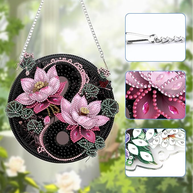 Lxmsja DIY Yin Yang Diamond Painting Hanging Ornament, Double-Sided Acrylic Lotus Flower Diamond Art Kit, Special Shaped Suncatcher Hanging Pendant Window Art Kit 8x8 inch
