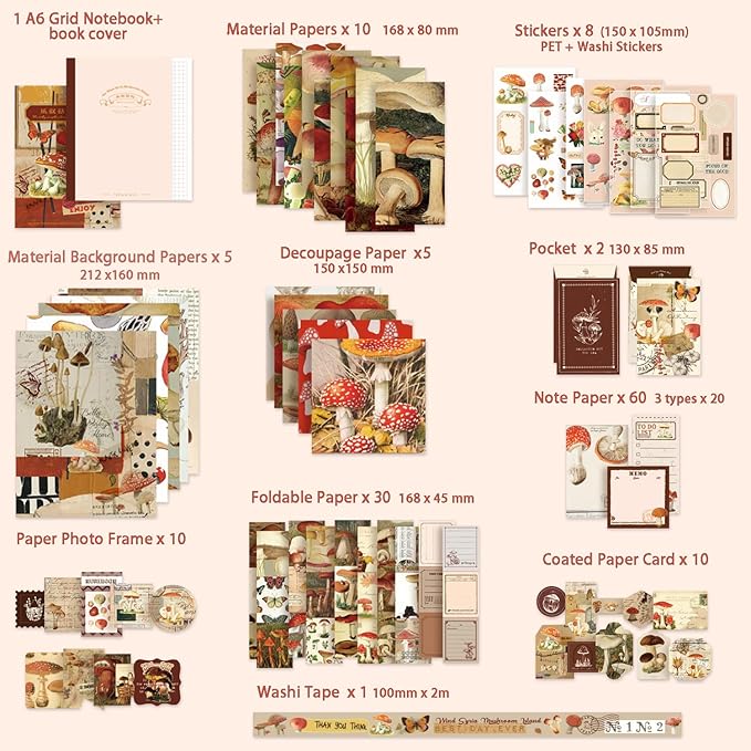 emmoolife Scrapbooking Supplies Kit, Vintage Mushroom Aesthetic Scrapbook Kit for Bullet Junk Journal, Stationery, A6 Grid Notebook, DIY Journaling Supplies, Birthday Craft Gift for Teen Girl Women