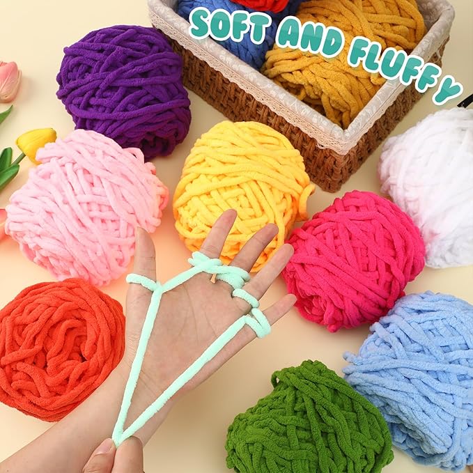 Buryeah 12 Pack Chunky Chenille Yarn for Crocheting Soft Thick Fluffy Yarn for Hand Knitting Bulky Velvet Blanket Plush for Weaving DIY Crafts Each 3.5 oz 55 Yards (Chic Colors)