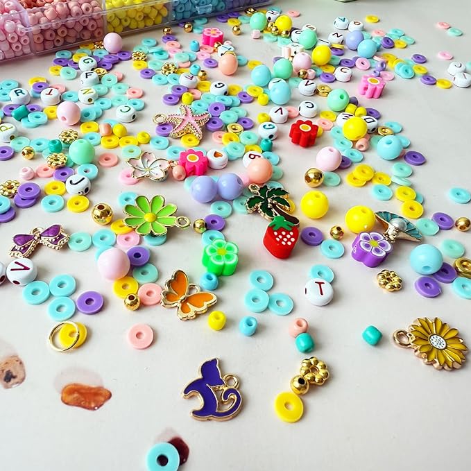 3100Pcs Clay Bead Bracelet Making Kit - Macaron Polymer Clay Heishi Seed Beads Assorted Acrylic Round Pastel Beads Gold Spacer Beads Spring Flower Charms for Bracelet Jewelry Earring Making DIY Craft
