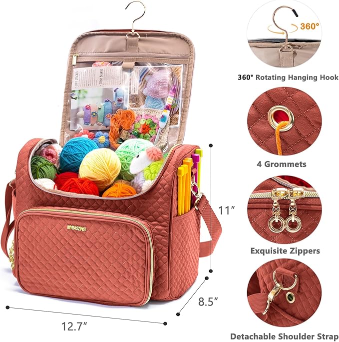Crochet Bag Organizer, Quilted Storage Bag with Hanging Hook, Yarn Holder for Knitting & Crochet Accessories, Mother's Day Gift
