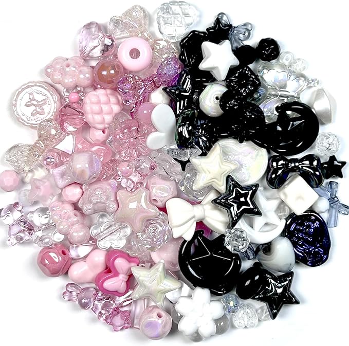 230-250pcs Assorted Acrylic Beads for Bracelet Making Kit, 200g Cute Beads for Keychain Making, Kandi Charms, Kawaii Jewelry Making, DIY Crafts (Black&Pink)
