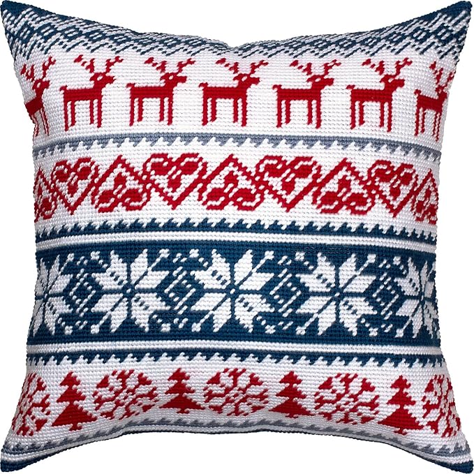 Brvsk Winter Embroidery Kit for Adults and Beginners — Christmas Deer Pattern 16″ × 16″ with Clear, Precise Printed Design on Cotton Canvas; Includes 2 Needles, Yarn, and Easy-Read Chart